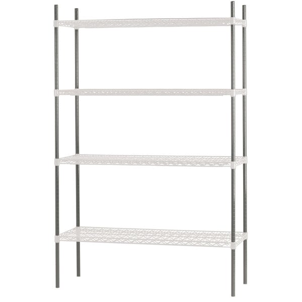 An Advance Tabco white metal shelving unit with four chrome posts and four shelves.