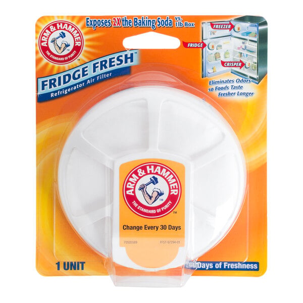 A round white refrigerator air filter in plastic packaging with Arm & Hammer branding and orange accents.