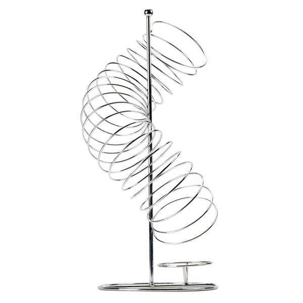 A Tablecraft chrome metal spiral fruit basket on a stand.