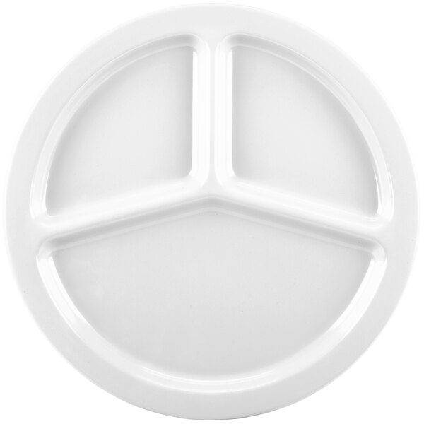 A close-up of a white Carlisle melamine plate with three sections.