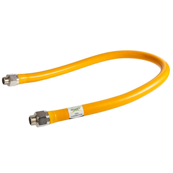 A yellow flexible hose with silver metal connectors.