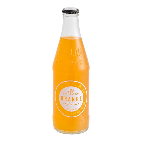 A glass bottle of Boylan Bottling Co. Orange Soda containing 12 fluid ounces.