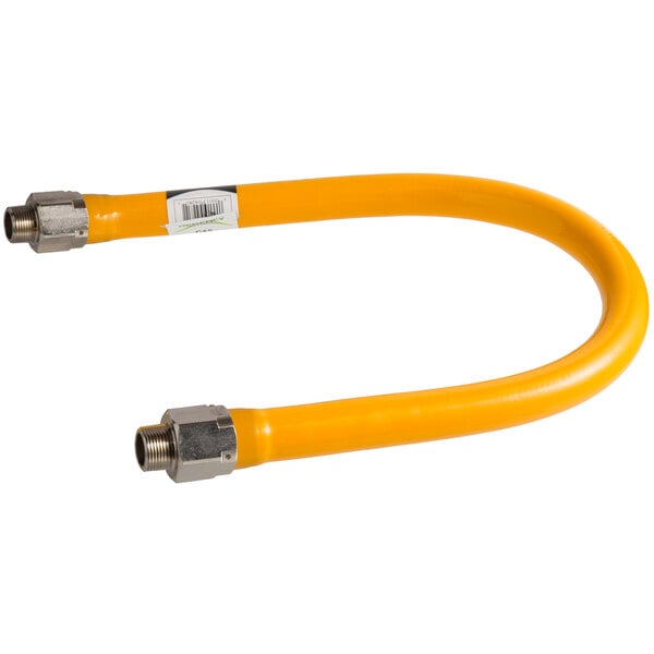 A yellow flexible hose with silver fittings.