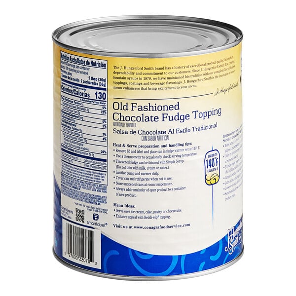 A J. Hungerford Smith #10 can of Old Fashioned Chocolate Fudge Topping with a label.