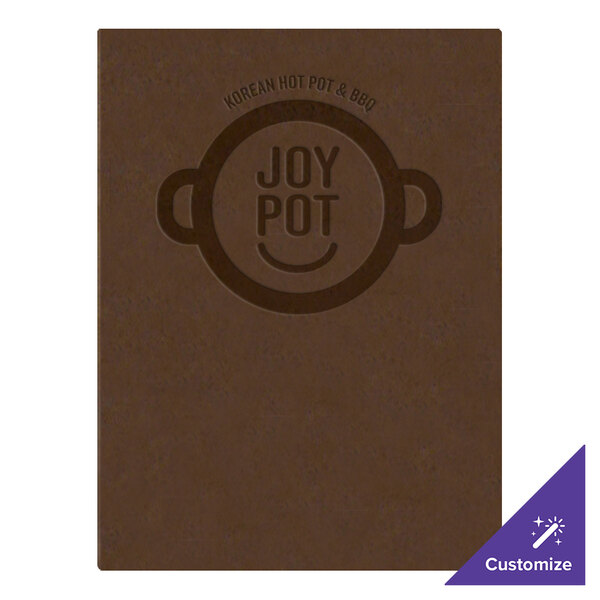 A brown Menu Solutions menu board with a customizable logo on the cover.