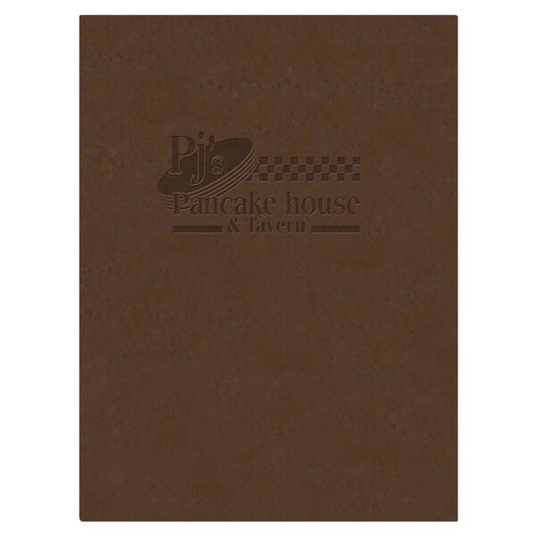 A brown Menu Solutions customizable menu board with text and picture corners.