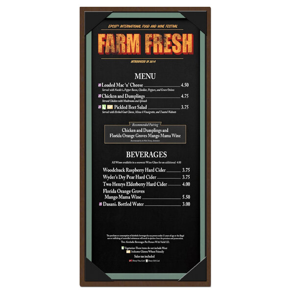 A Menu Solutions hardboard menu board with white text and picture corners.