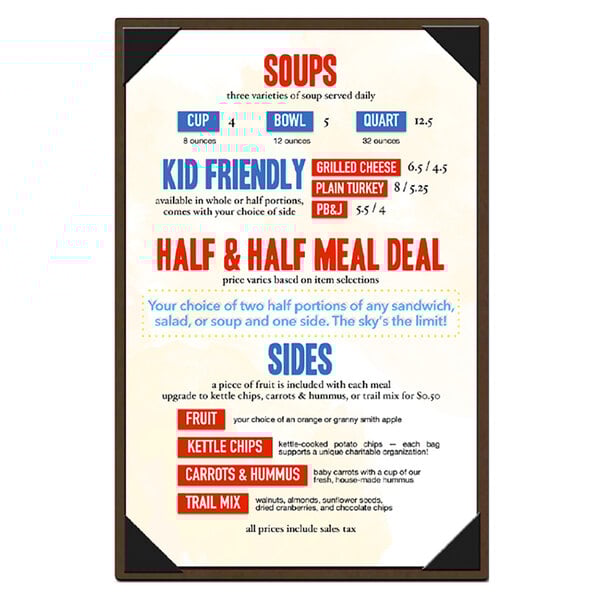 A Menu Solutions hardboard menu board with white background and red text.
