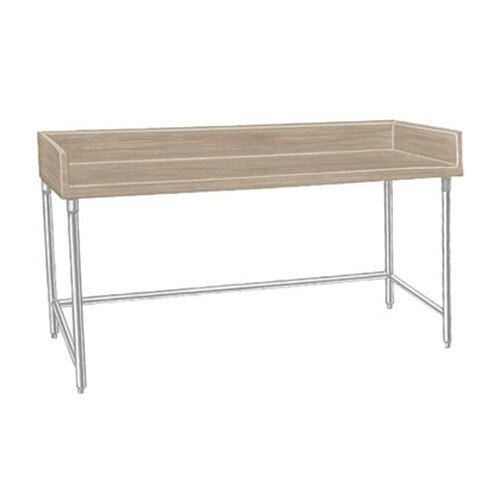 A drawing of an Advance Tabco wood top baker's table with a metal base.