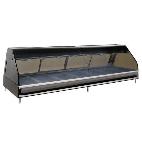 An Alto-Shaam heated display case with clear glass over two compartments on a counter.