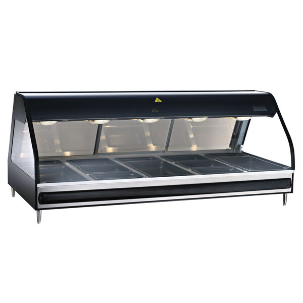 An Alto-Shaam heated display case with a glass door and top on a counter.