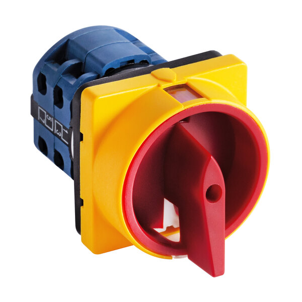 A yellow and blue VacPak-It power switch with a red handle.