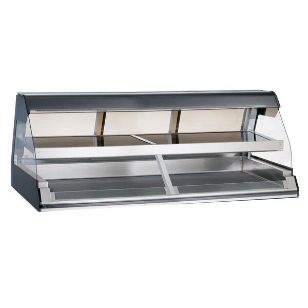 An Alto-Shaam stainless steel heated display case with glass doors on a counter.