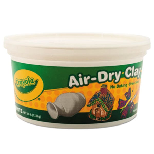 A white Crayola tub of air-dry clay with a green and yellow label.