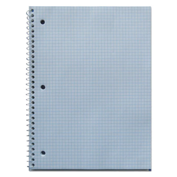 A close-up of a Universal black spiral notebook with blue grid lines.