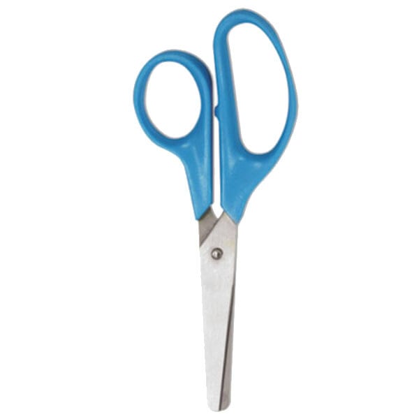 A pair of Universal stainless steel kids' scissors with blue handles.