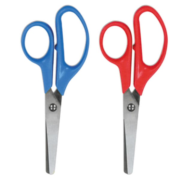 Two Universal 5" stainless steel kids' scissors with red and blue handles.