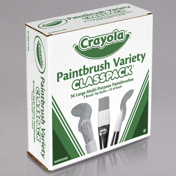 A Crayola box with green and white paintbrushes of various sizes.