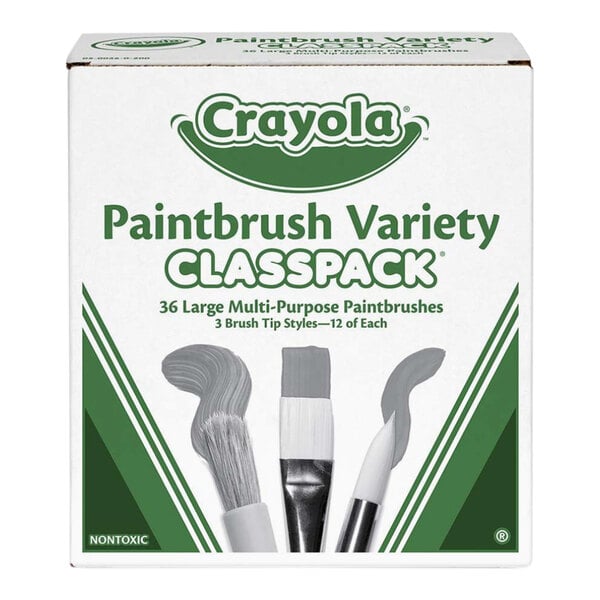 A box labeled 'Crayola Paintbrush Variety Classpack' containing 36 large multi-purpose paintbrushes with three different brush tip styles, as shown on the front of the packaging.
