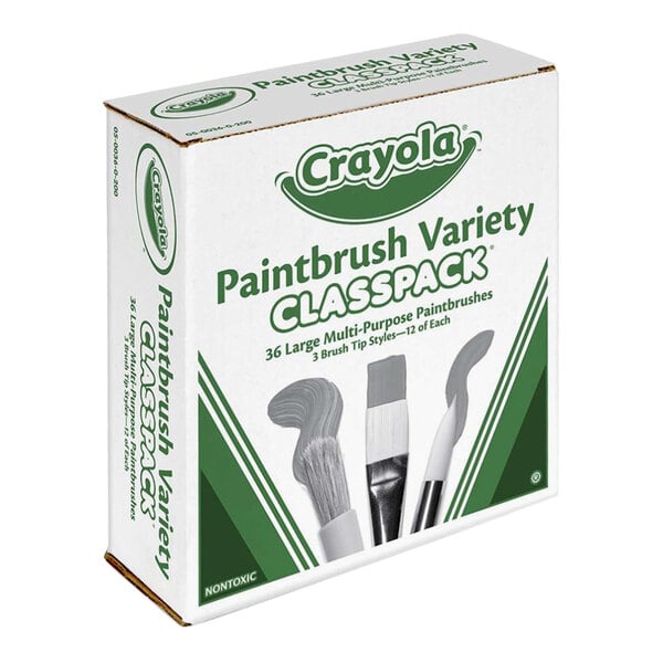 A box labeled 'Crayola Paintbrush Variety Classpack' featuring images of three different paintbrush styles on the front.