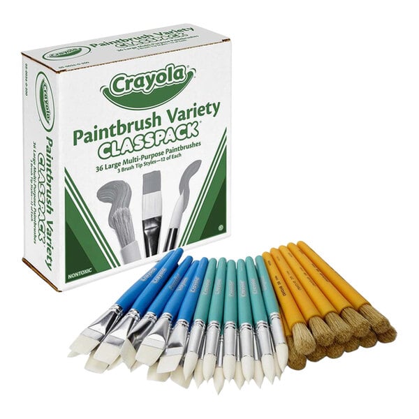 A box labeled 'Crayola Paintbrush Variety Classpack' is shown alongside an assortment of paintbrushes with blue, green, and yellow handles arranged in front of it.