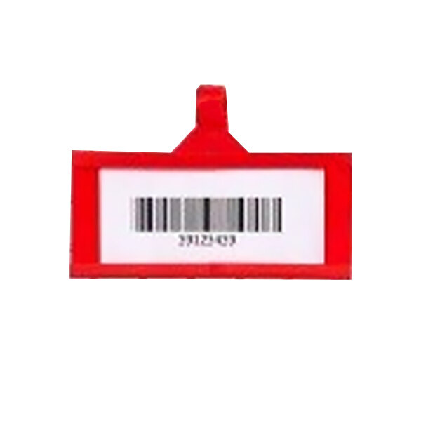 A red plastic Metro qwikSIGHT label holder with a white barcode insert.