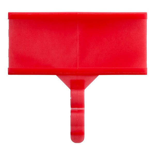 A red plastic label holder with a clip on a white background.