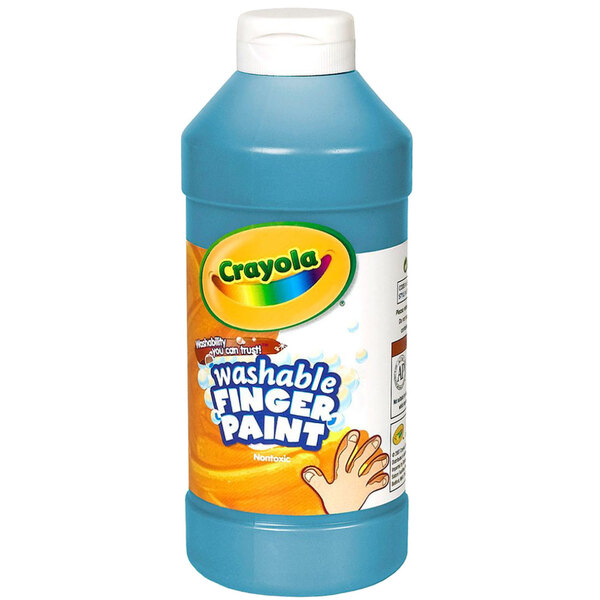 A blue bottle of Crayola Washable Blue Finger Paint with a label.