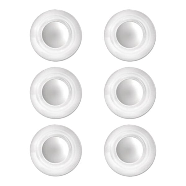 Six round, clear, glass-like magnets arranged in two columns and three rows on a white background.
