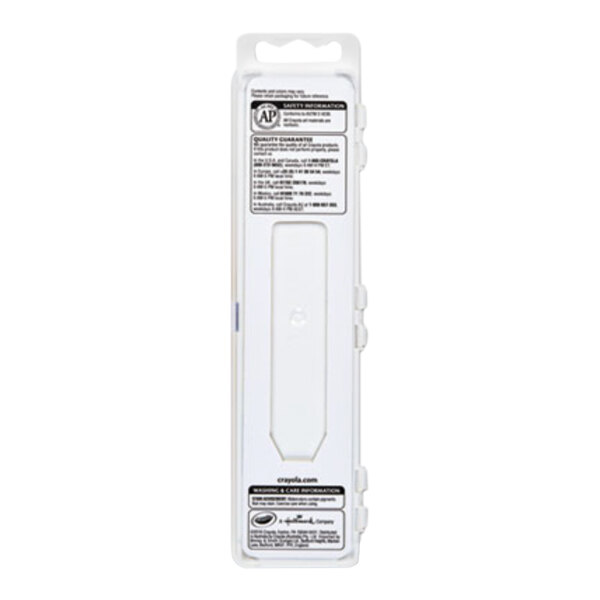 The image shows the back side of a rectangular white plastic case with printed text and a hanging tab at the top.