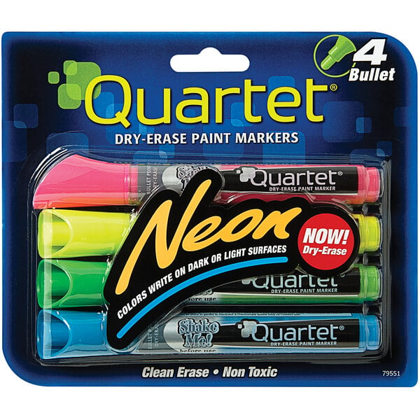 A package of 4 Quartet neon dry erase markers with assorted colors.