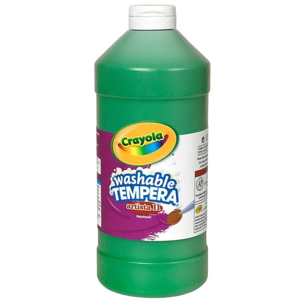 A green bottle of Crayola Washable Green Tempera Paint with a label.