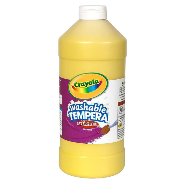 A yellow Crayola Artista II tempera paint bottle with a purple label.