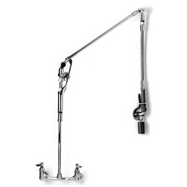 A T&S wall-mounted pre-rinse faucet with a long silver metal pipe and a metal arm with a long handle and a hook.