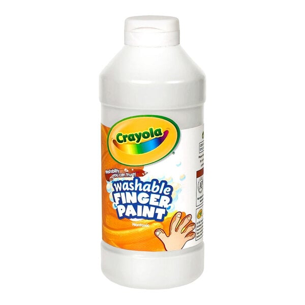 A plastic bottle labeled 'Crayola washable finger paint' with an orange and white design and a white cap.