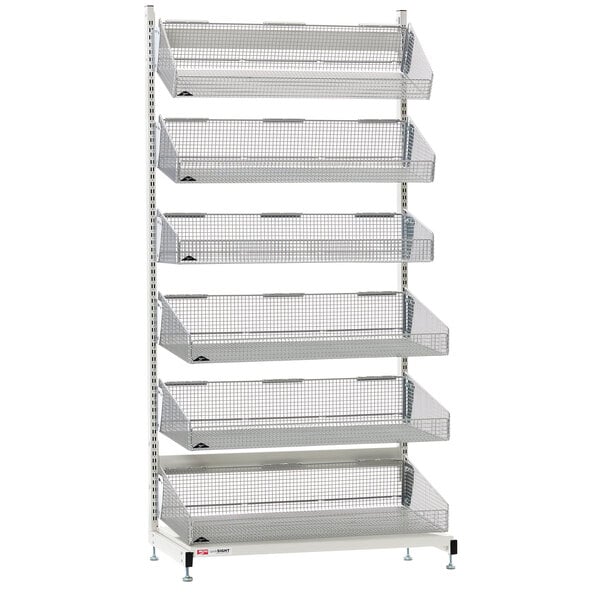 A Metro qwikSIGHT single-sided six-level basket supply unit with wire mesh shelves.