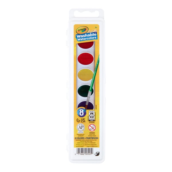 A box of Crayola washable watercolor paint with 8 assorted colors and a paint brush.