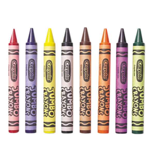 A row of Crayola jumbo crayons in assorted colors.