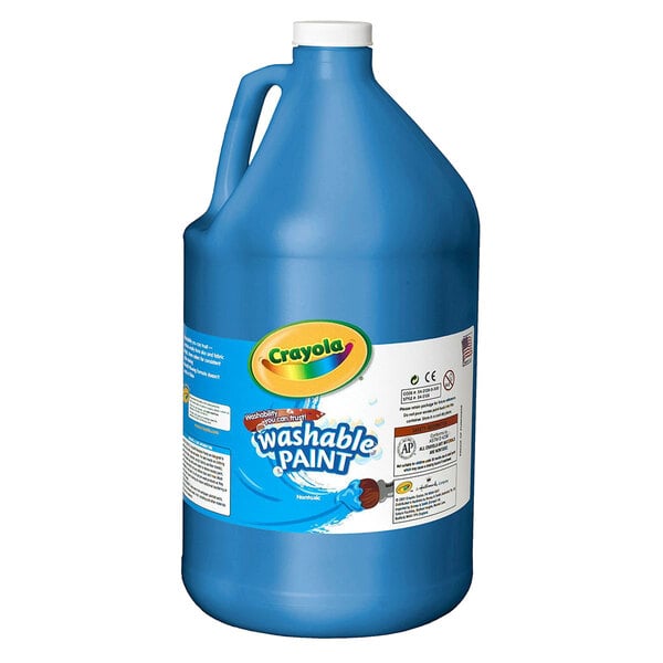 A blue jug of Crayola Washable Paint with a white label and blue lid.