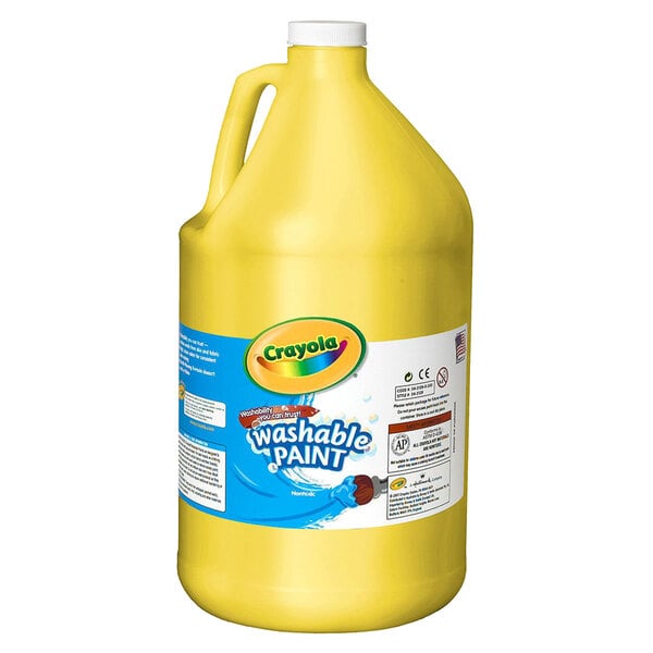 A yellow jug of Crayola Washable Yellow Paint with a label.