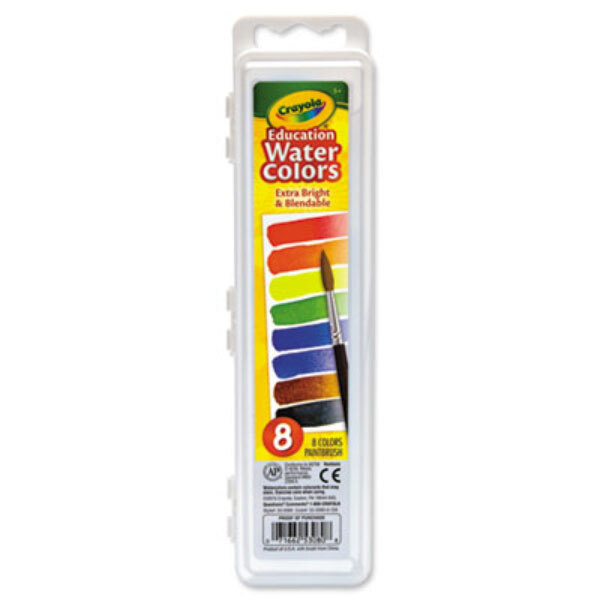 The white packaging of a Crayola 8-count watercolor paint set.