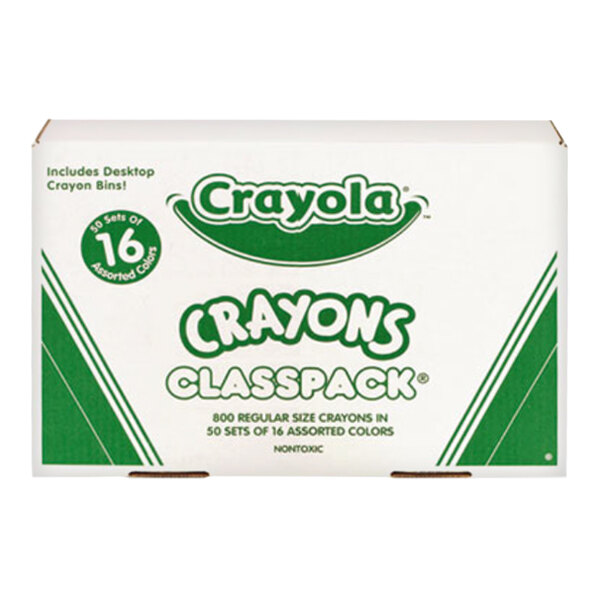 A white and green box labeled 'Crayola Crayons Classpack' containing 800 regular size crayons in 50 sets of 16 assorted colors.