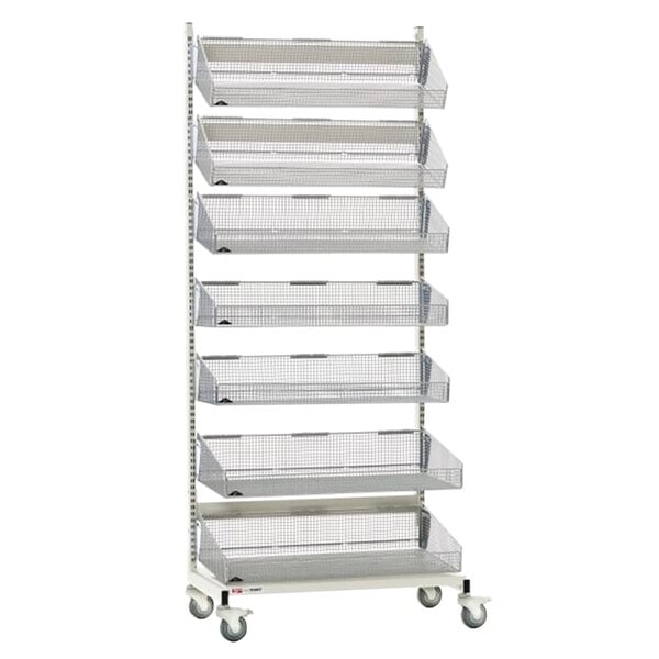 A Metro qwikSIGHT wire basket rack on wheels with seven shelves.