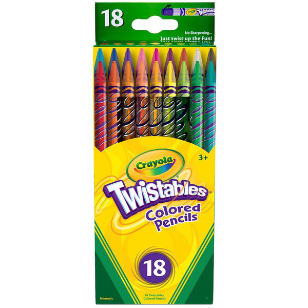A green and yellow box of Crayola Twistables Colored Pencils with a white circle and white numbers on it.