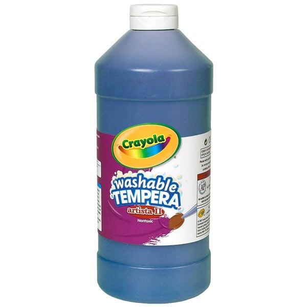 A blue bottle of Crayola Artista II washable tempera paint.