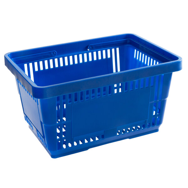 A blue plastic shopping basket with plastic handles.