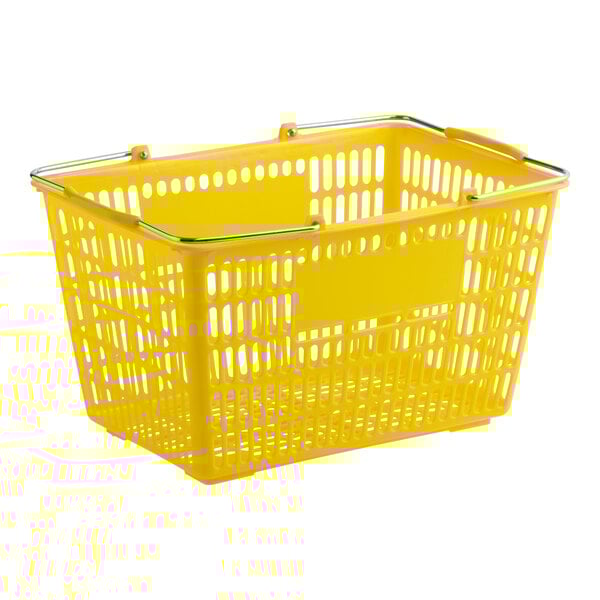 A yellow plastic grocery market shopping basket with metal handles.