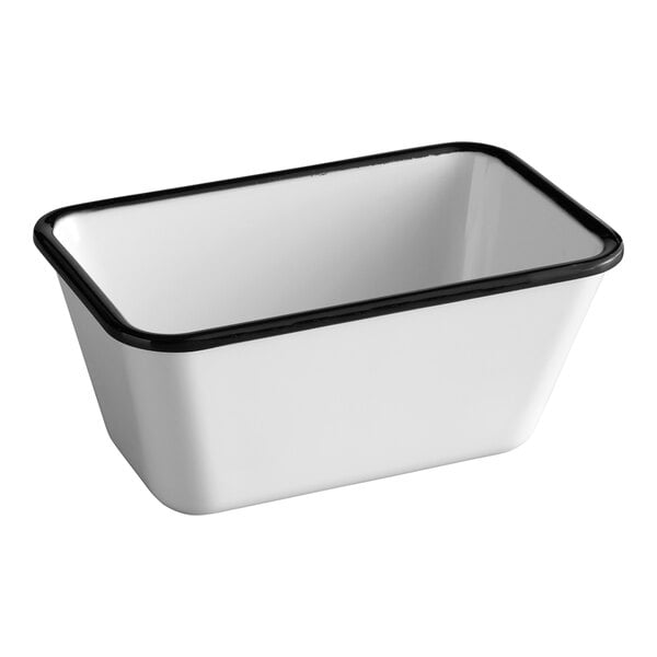 An American Metalcraft white and black rectangular melamine serving bowl with black trim.