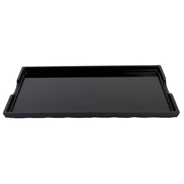 A black rectangular Tablecraft melamine display tray with handles.