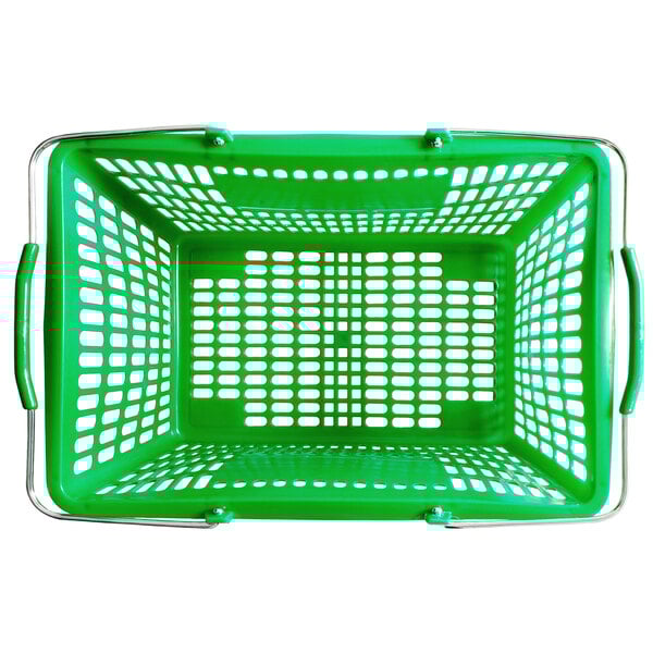 A Regency Green plastic shopping basket with handles.